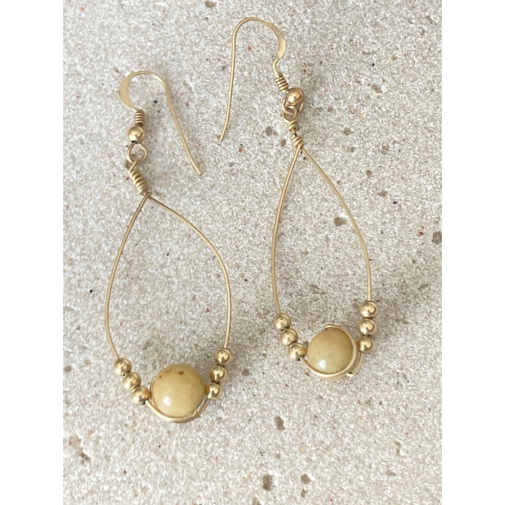 Gold Tone Teardrop Wire Dangle Earrings Tan Bead Boho‎ Artisan Style Romantic
